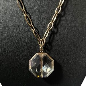 Gold Tone Link Chain Necklace Faceted Crystal Pendant Statement Jewelry 17 in